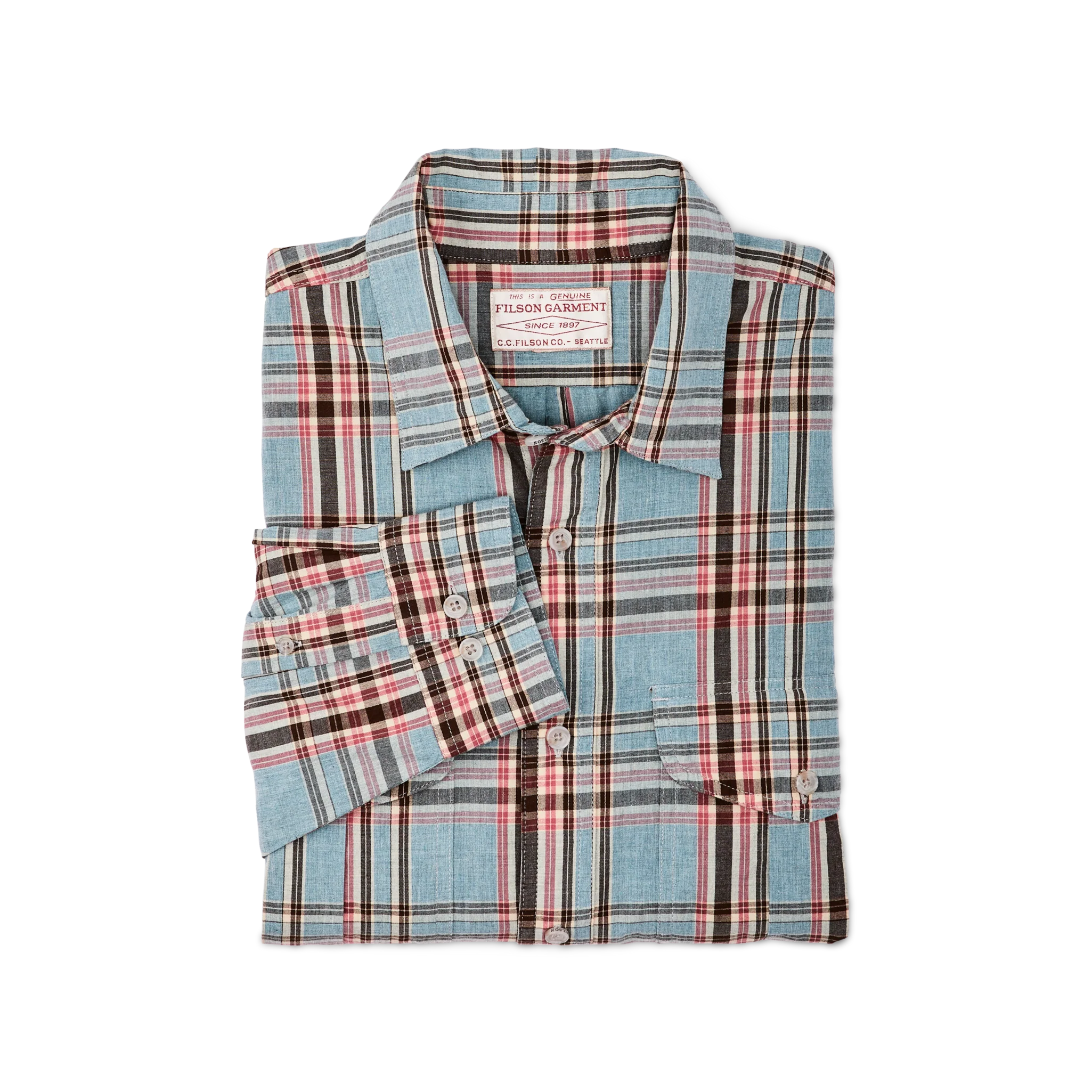 Filson's Washed Feather Cloth Shirt - Light Blue / Red / Natural Plaid - Image 3