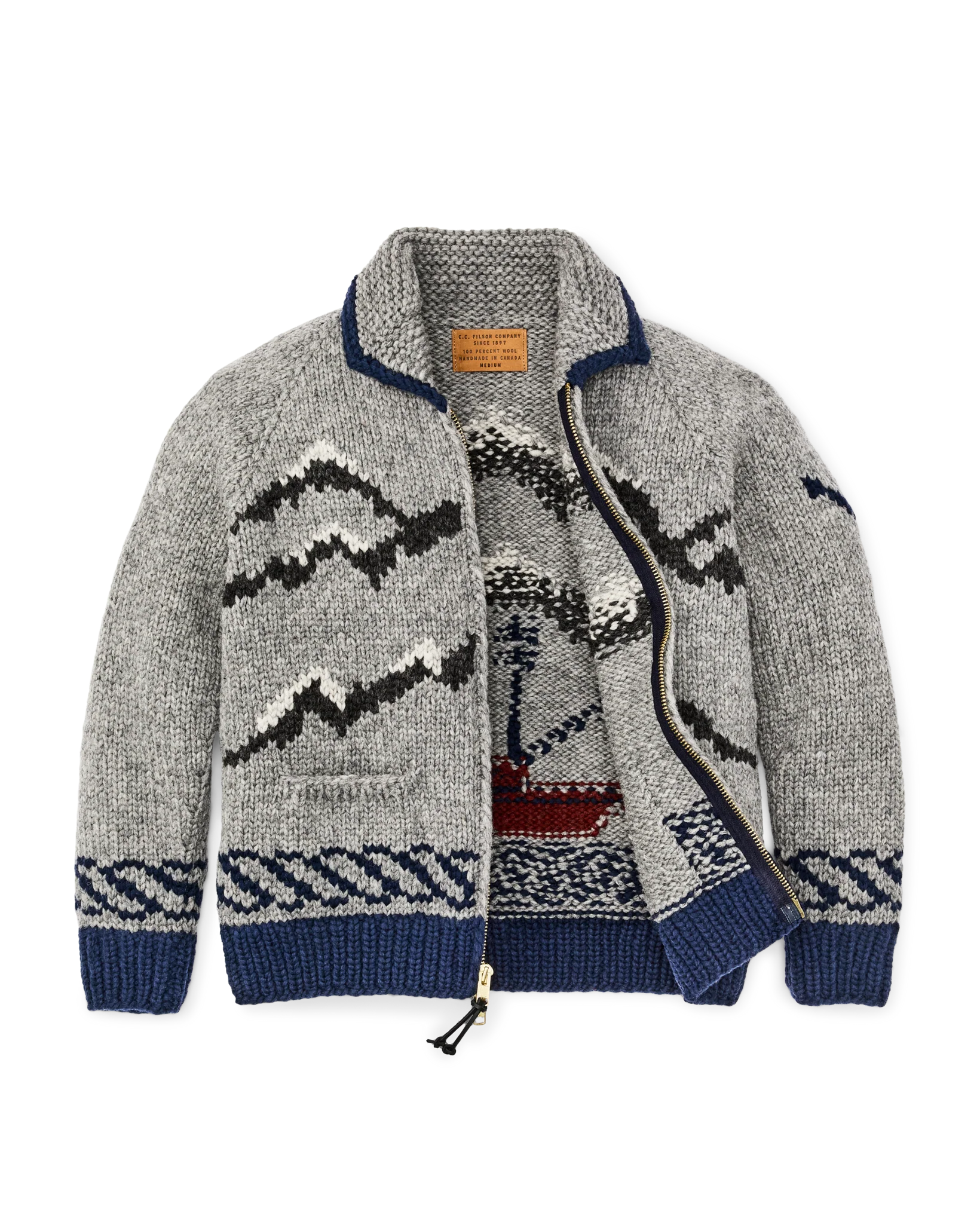 Handmade Full-zip Sweater - Heather Gray / Fishing Boat - Image 5