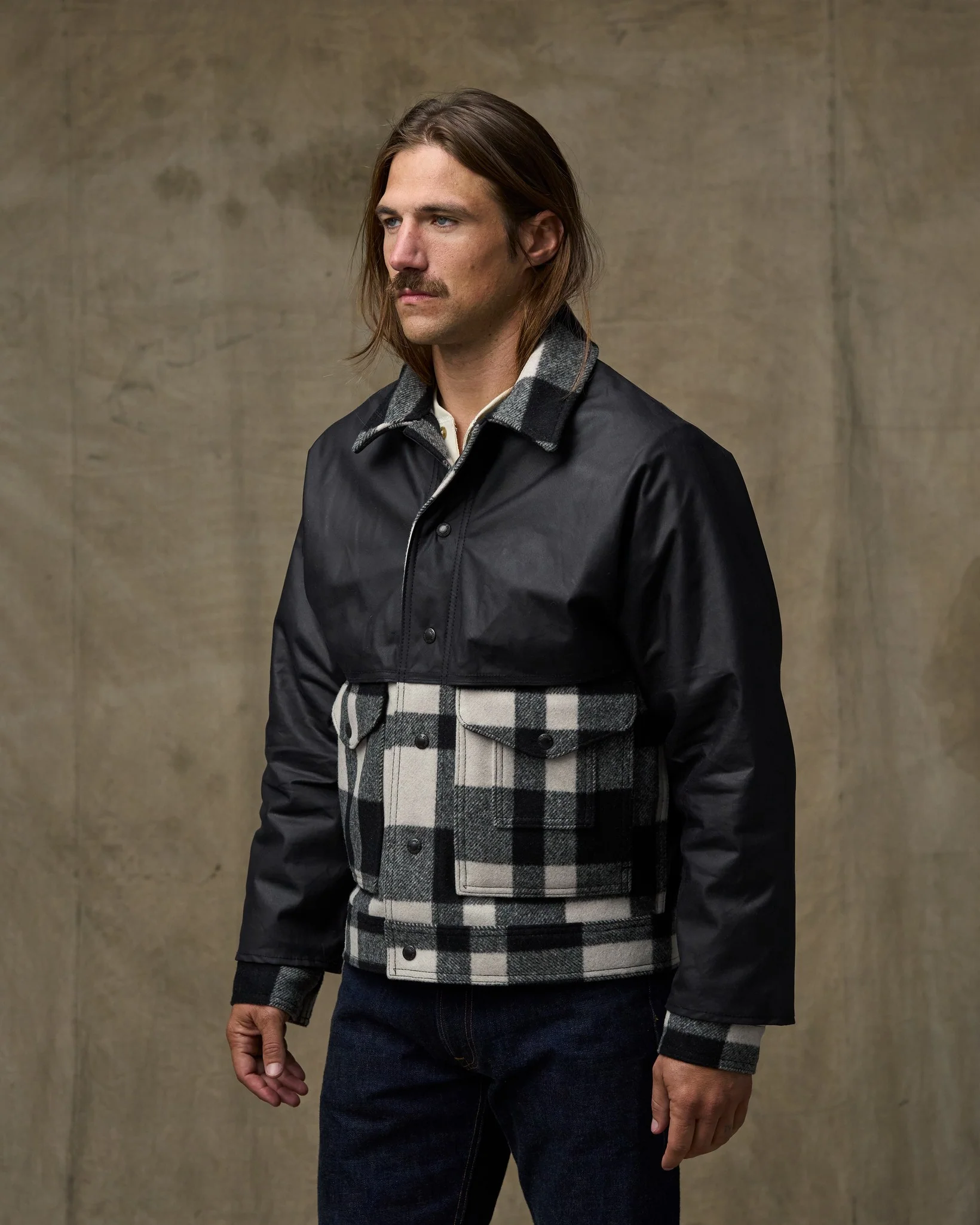 Mackinaw Wool Caped Jacket - Natural Black Plaid Navy - Image 5