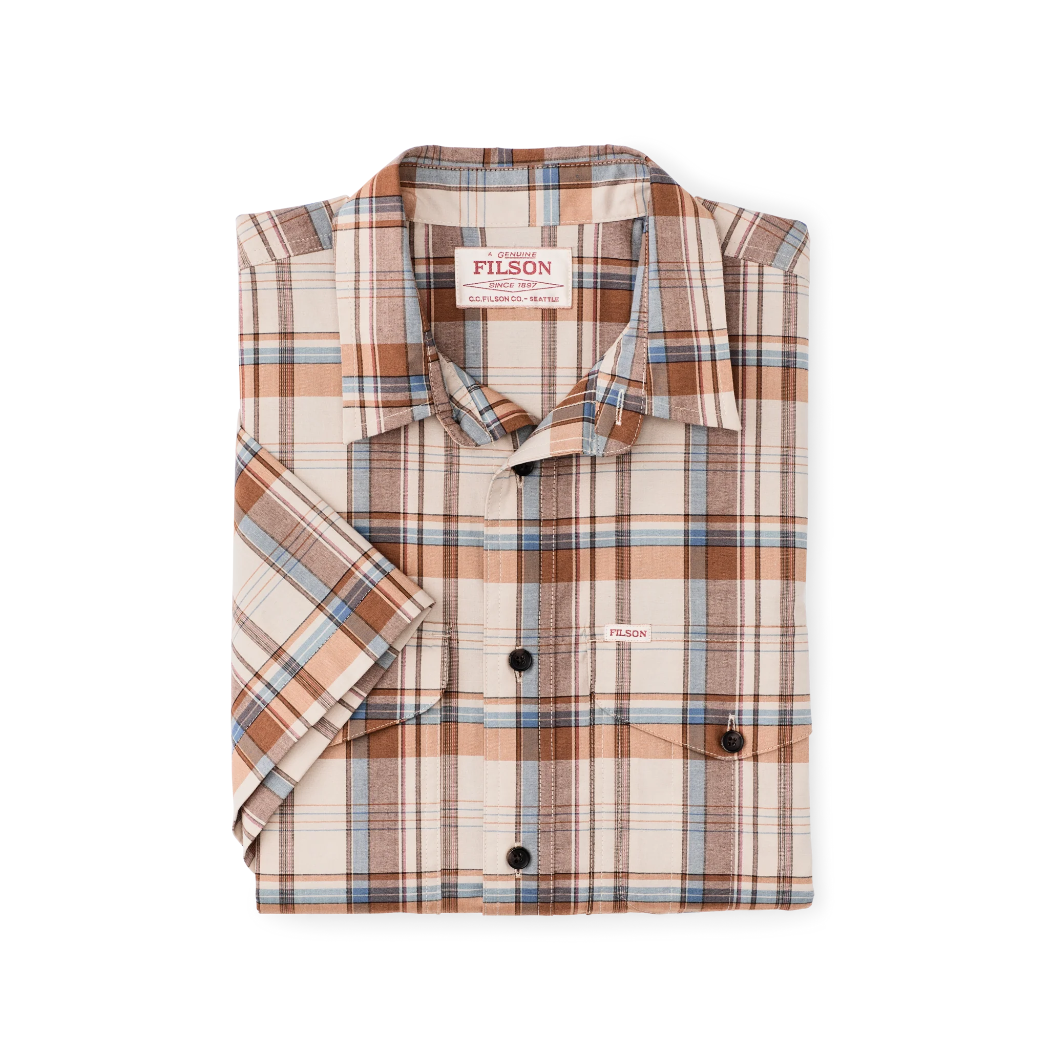 Twin Lakes Short Sleeve Sport Shirt - Beige / Rust Plaid - Image 3