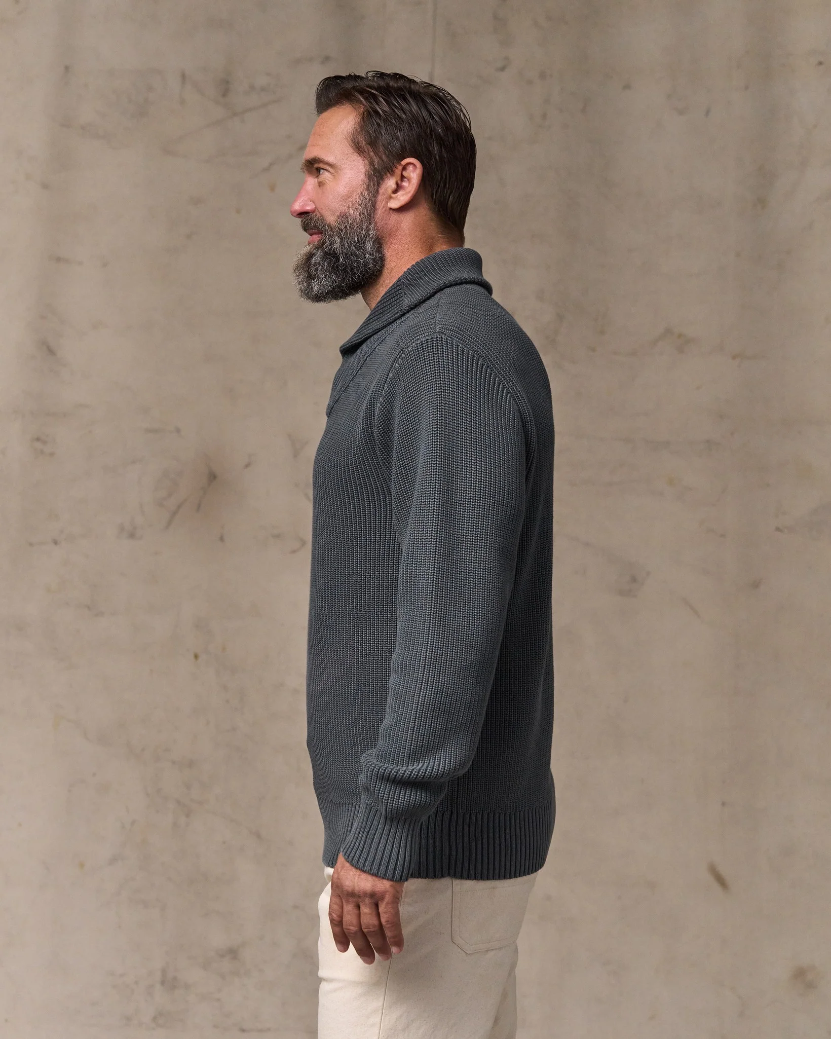 Vintage Cotton Shawl Neck Sweater - Charcoal - Image 3