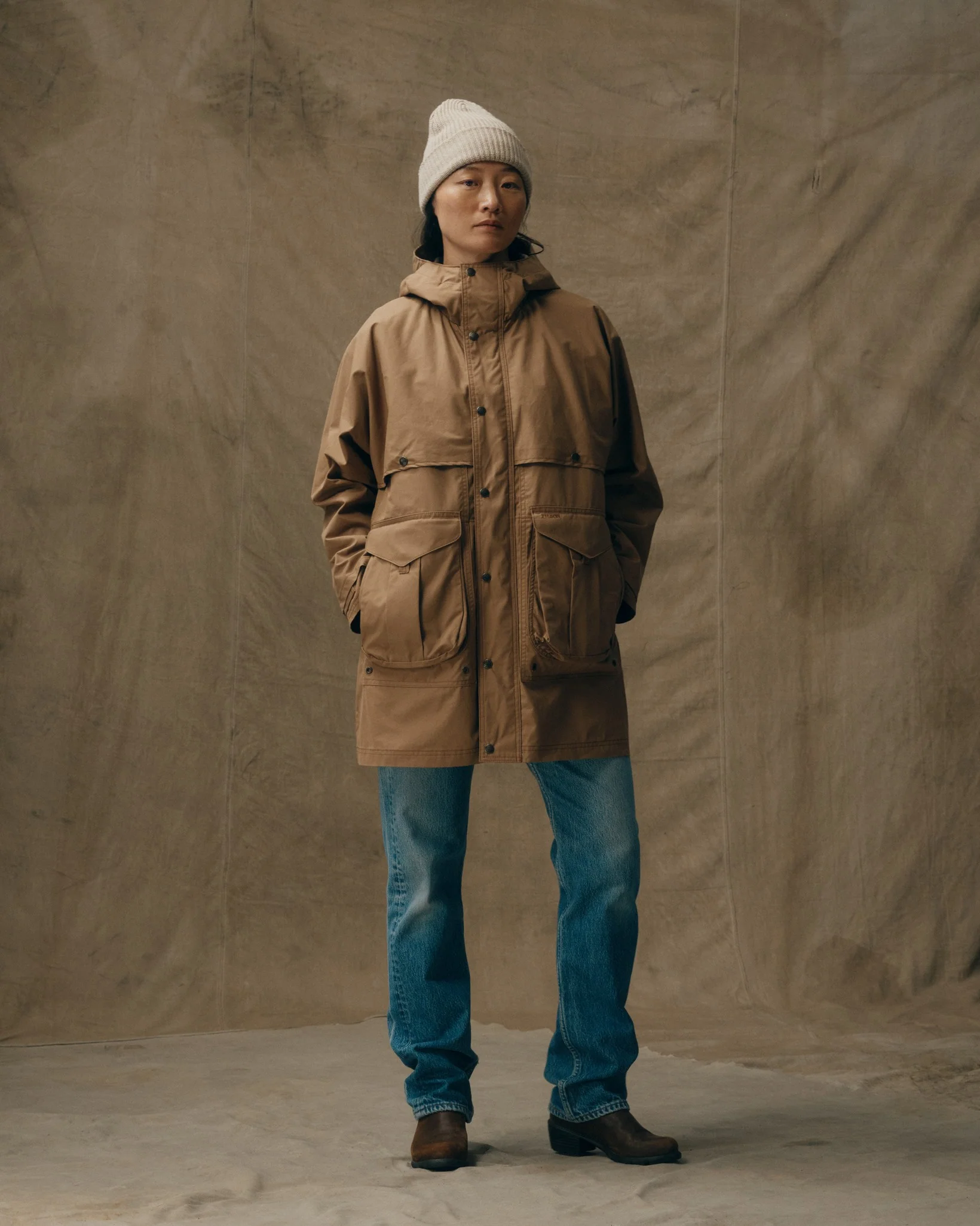 Women's Aviator Cloth Long Raincoat - Dark Tan - Image 5