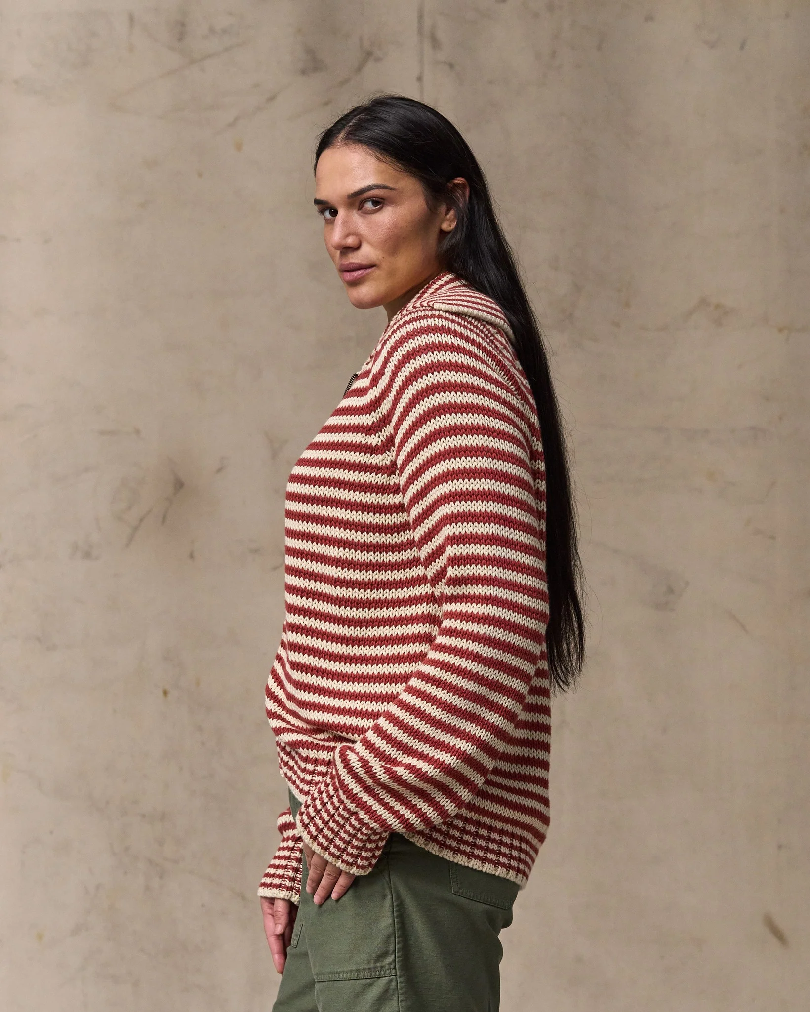 Women's Cotton Full-zip Cardigan - Brick / Sand Stripe - Image 3
