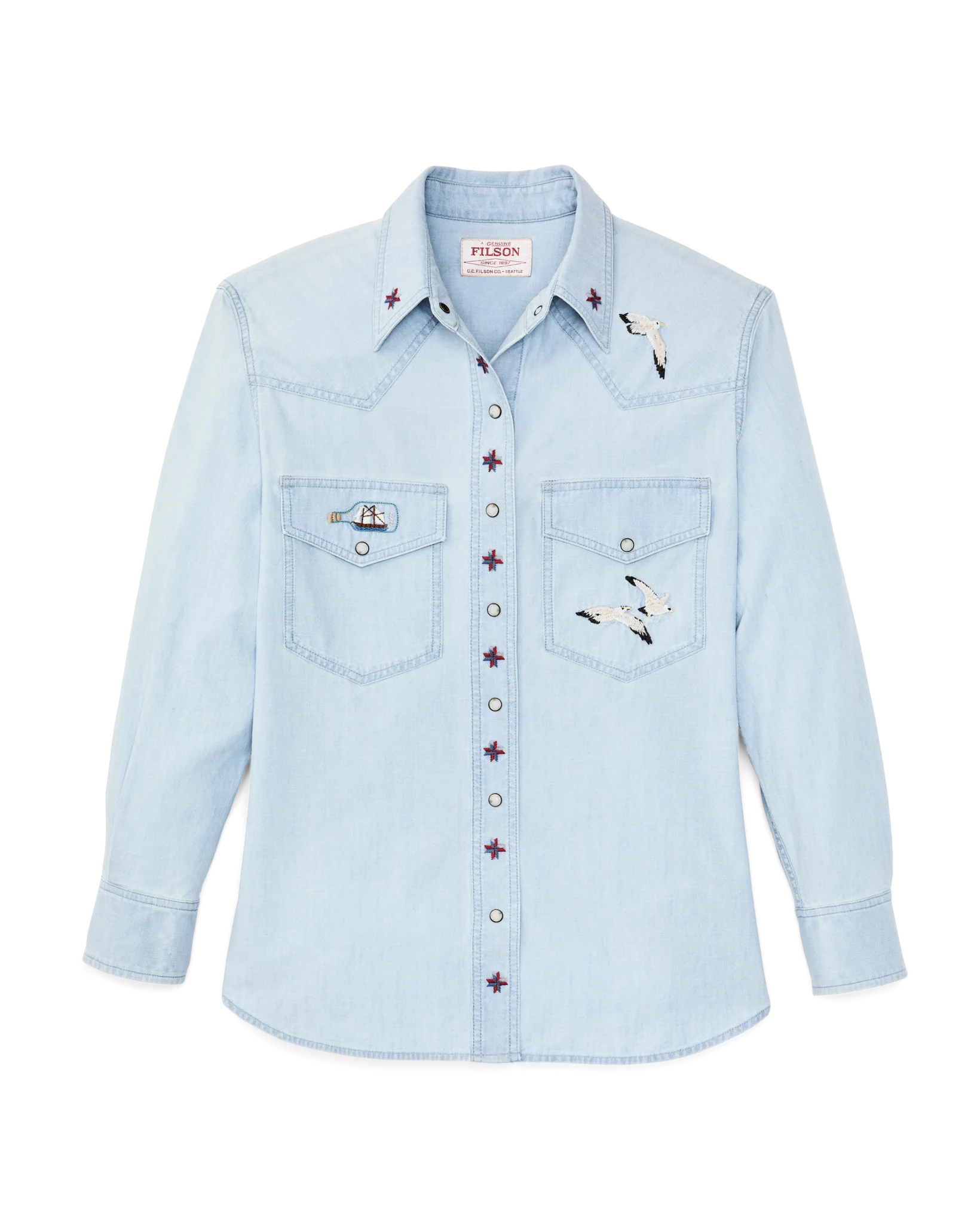Women's Embroidered Western Shirt - Light Indigo - Image 6