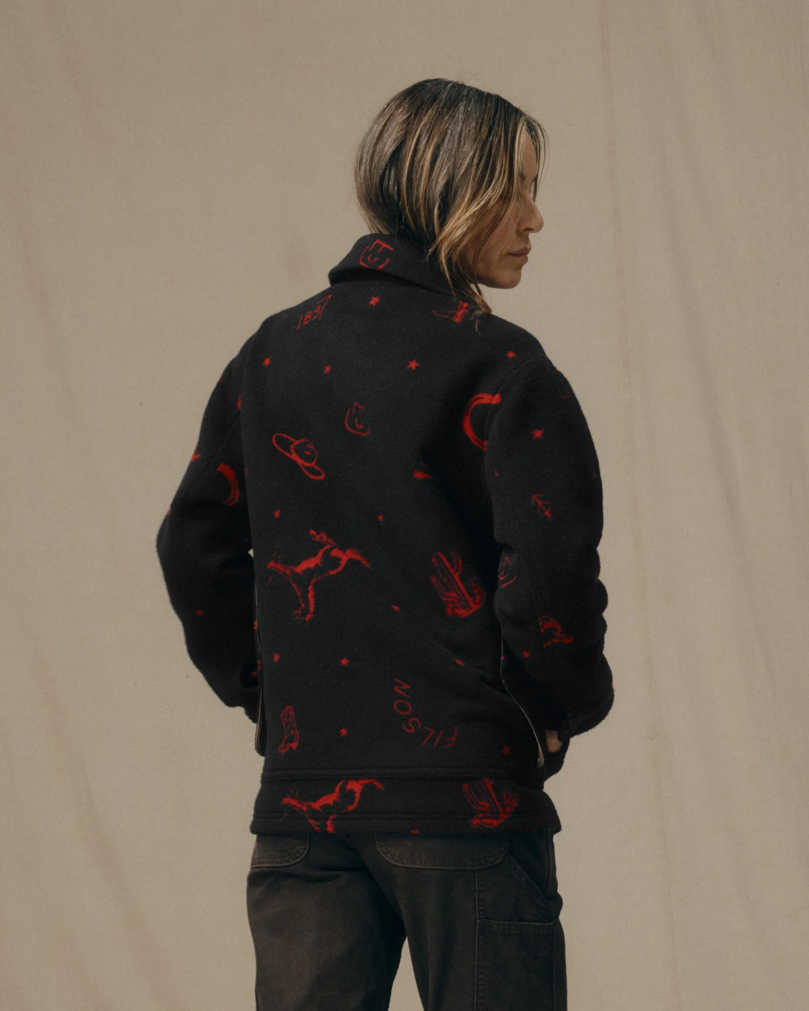 Women's Jacquard Wool Cruiser Jacket - Black / Red Western - Image 2