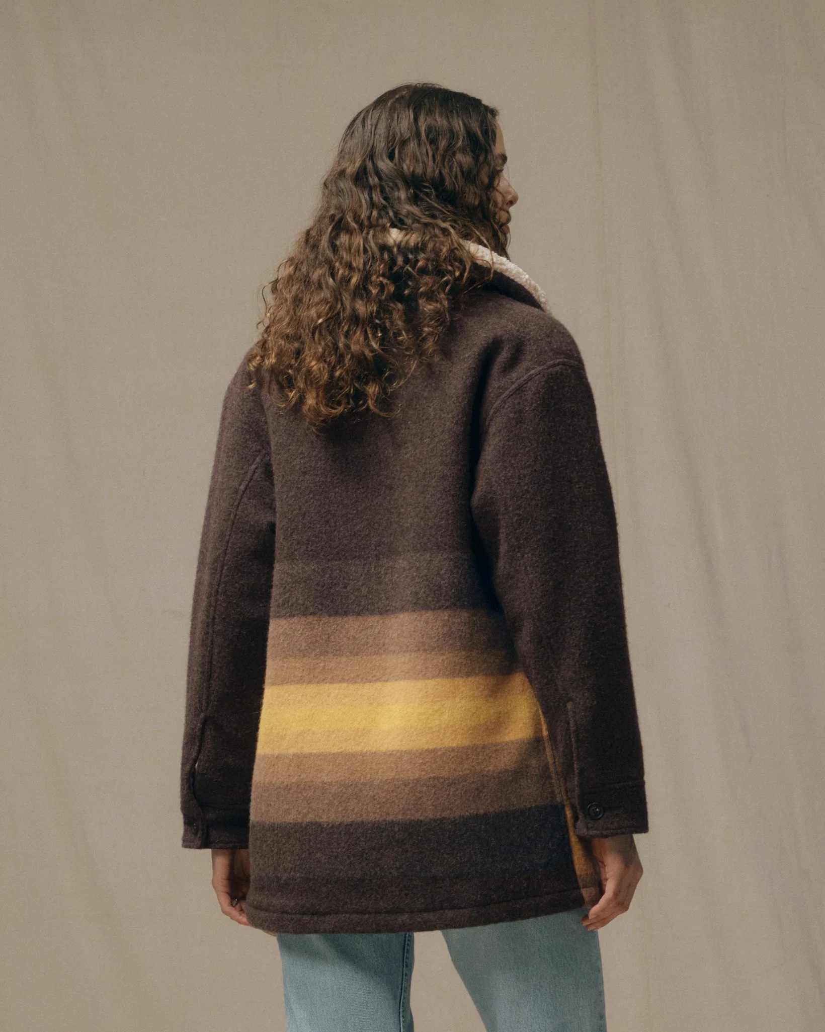 Women's Kodiak Shawl Collar Coat - Brown / Yellow Stripe - Image 3