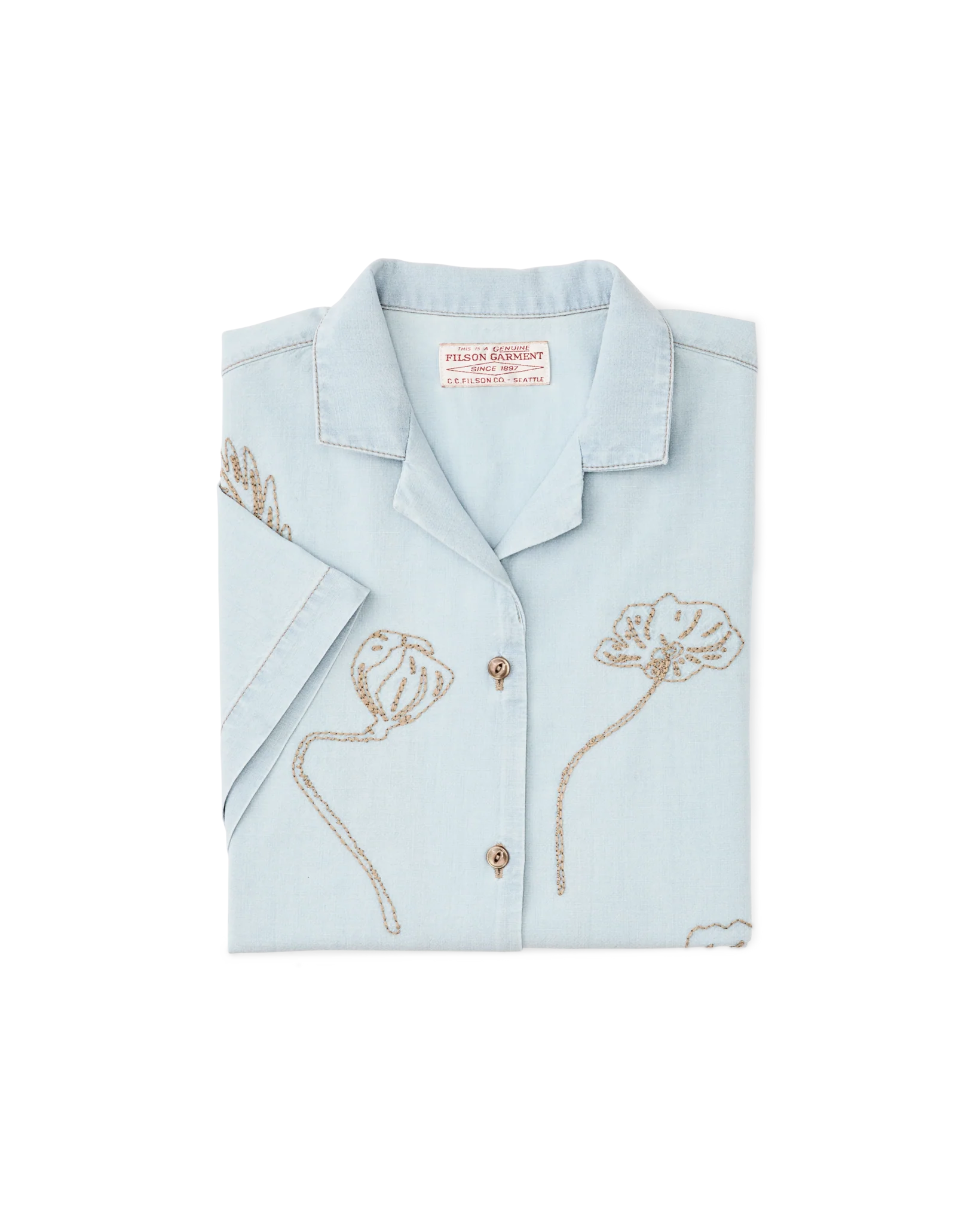 Women's Short Sleeve Embroidered Camp Shirt - Light Indigo Chambray - Image 4