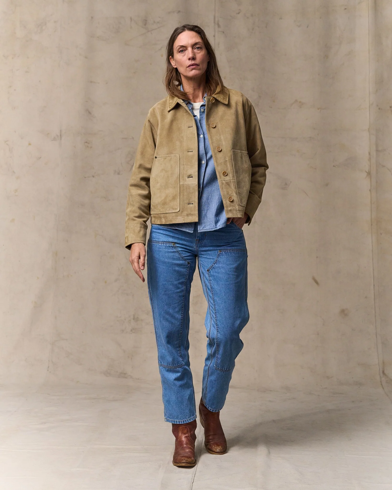 Women's Short Suede Barn Jacket - Light Gray - Image 5