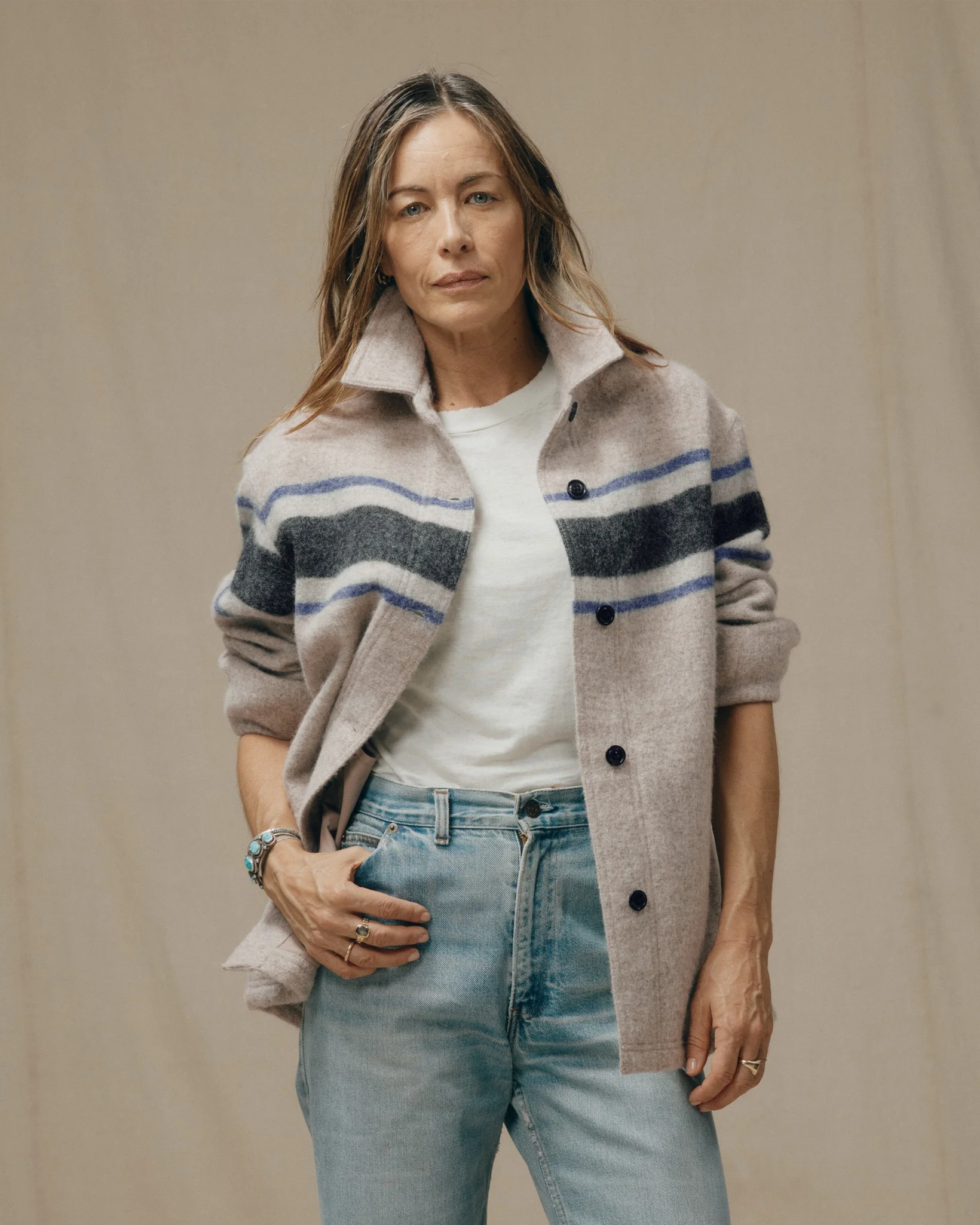 Women's Wool Overshirt - Gray / Black Blanket Stripe