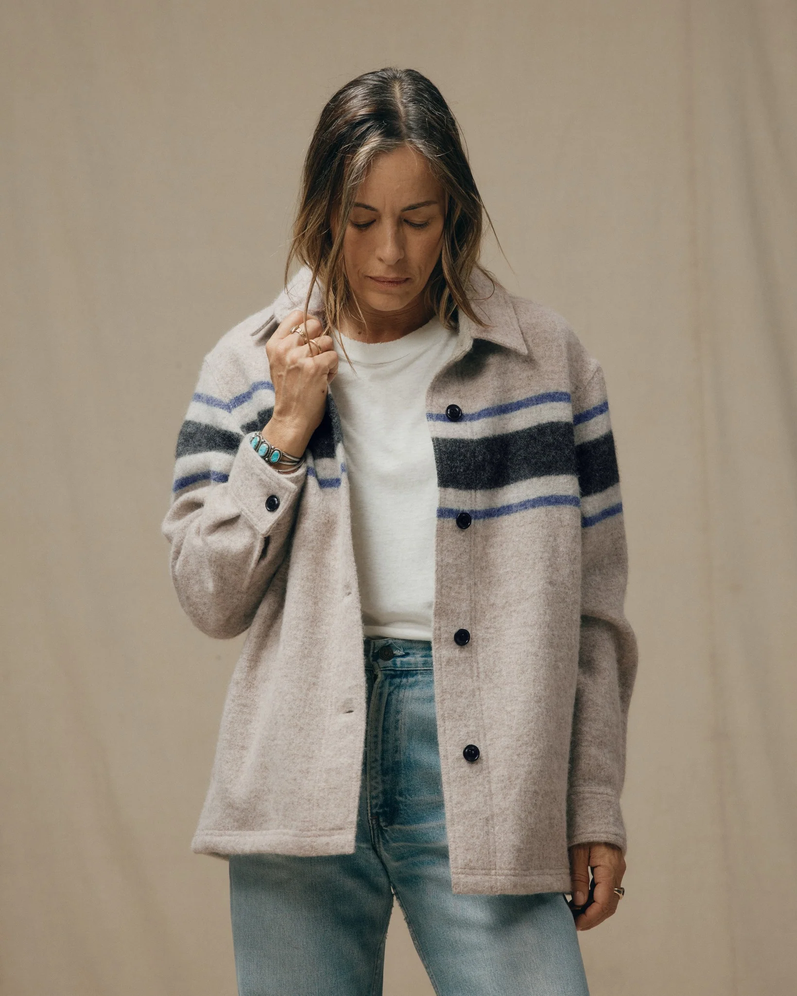 Women's Wool Overshirt - Gray / Black Blanket Stripe - Image 3