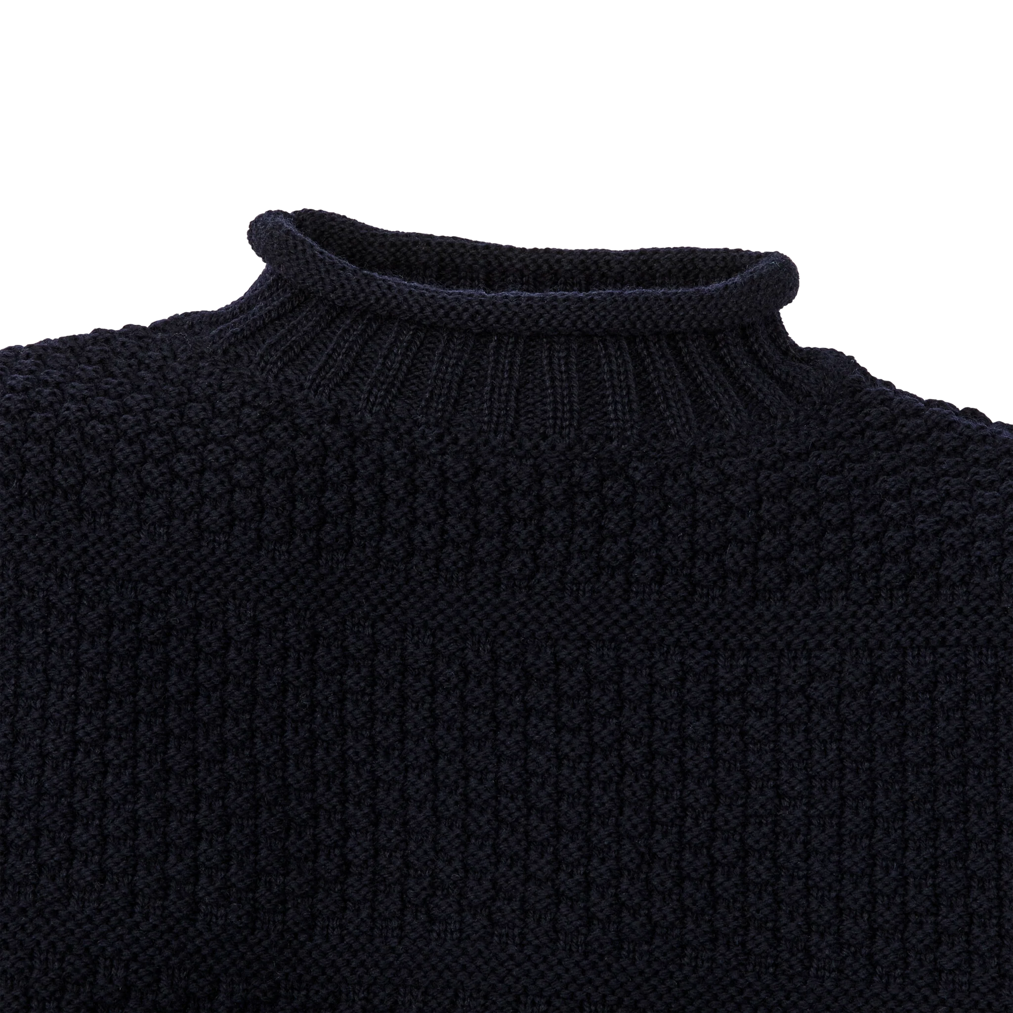 Wool Roll Neck Fisherman's Sweater - Navy - Image 3